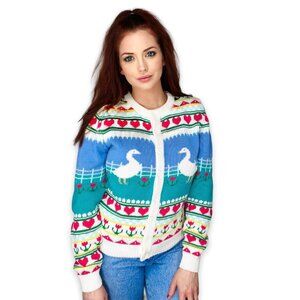 NWT Vintage Cottagecore Grannycore Goose Floral Hearts Knit Cardigan YXL /Small